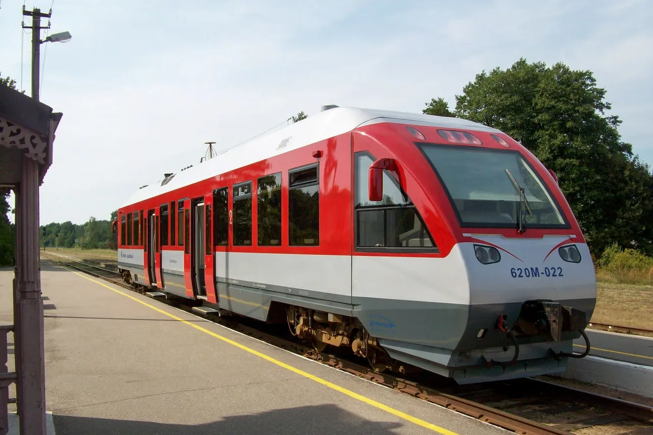 Raudonai pilkas dyzelinis traukinys 620M-022 Marcinkonių stoties perone, šalia pušys ir giedras dangus