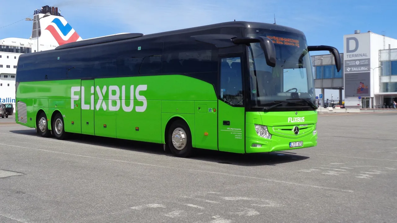 Žalias „FlixBus“ autobusas Talino uosto aikštelėje, fone keleivinis keltas ir D terminalas